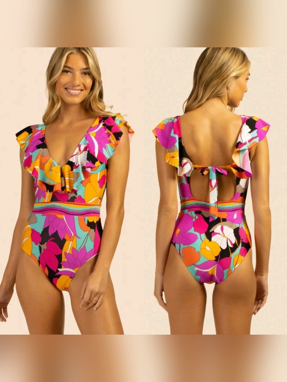 NWT Trina Turk | Gemini Floral Ruffle Tie Back One Piece Swimsuit